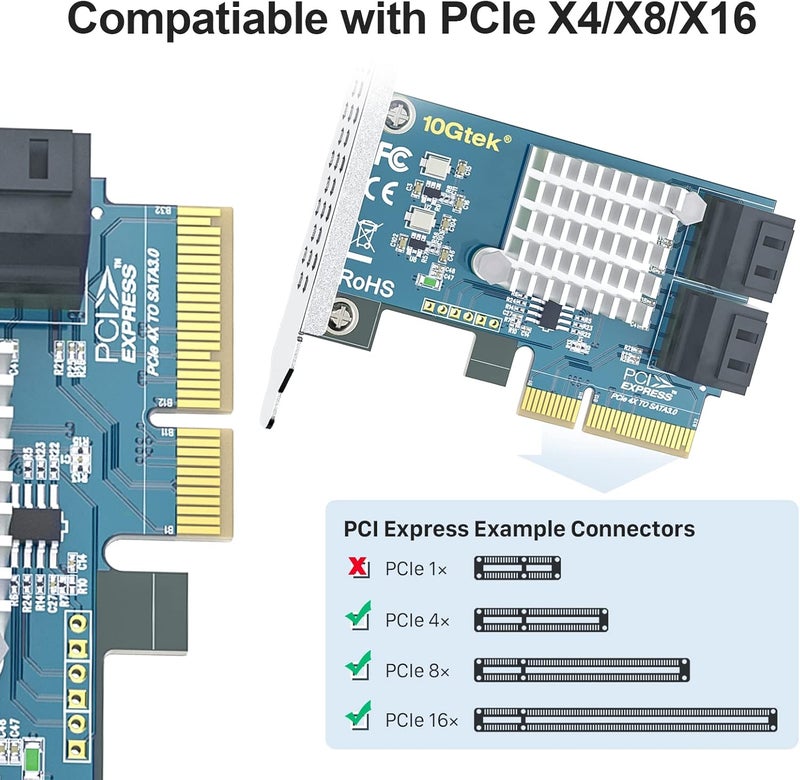 HYFIBER H!Fiber 4 Port PCIe SATA Card with 4 SATA Cables, 6Gbps SATA3.0 Expansion Card, X4, ASMedia ASM1164 chip, Support SSD and HDD, with Full Height and Low Profile Bracket - Image 2